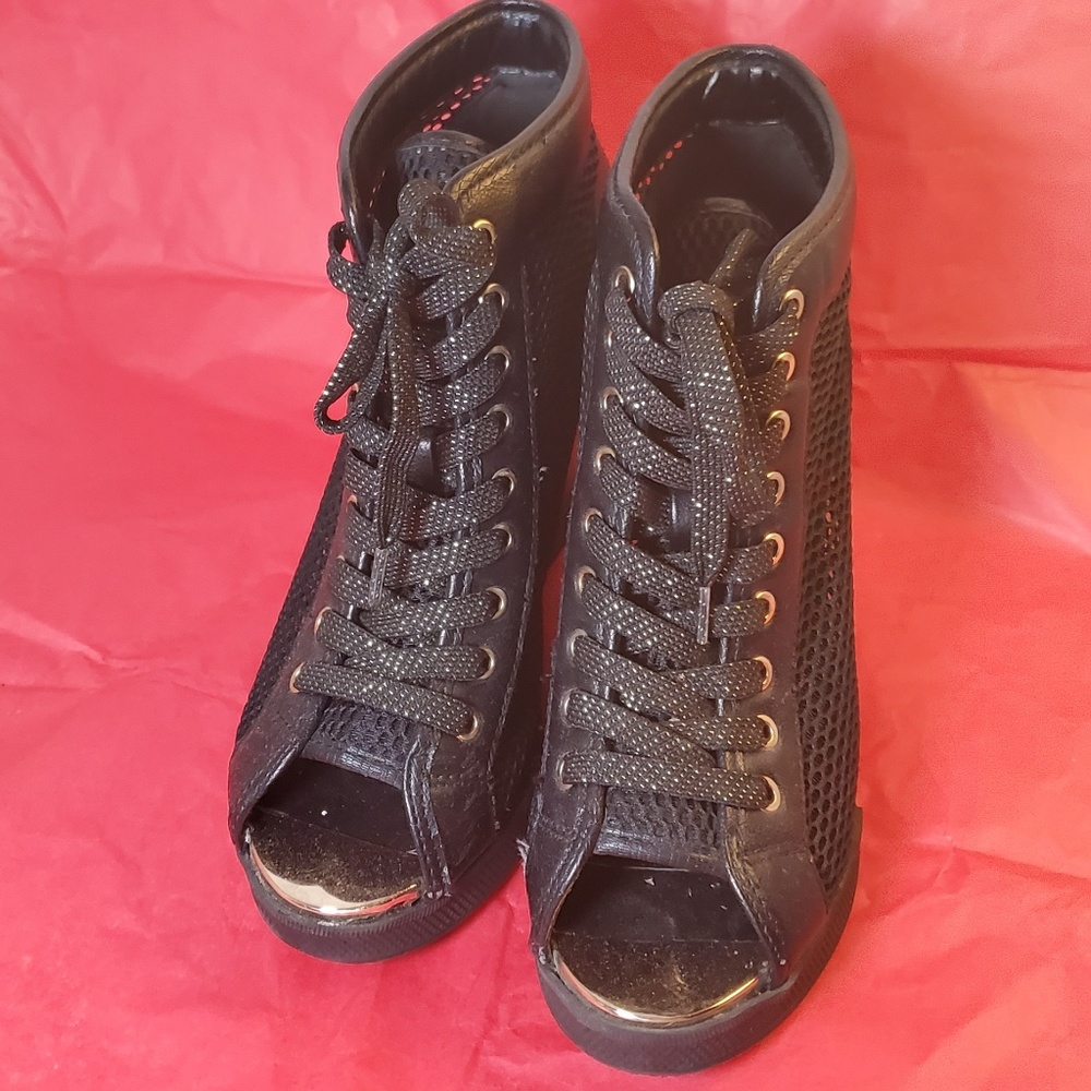 Aldo Black & Gold Mesh Tie-up Heels